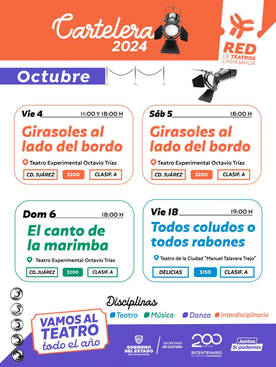 Para mayores informes comunicarse al Departamento de Programación y Desarrollo Artístico, teléfono (614) 214 4800, extensión 246, de lunes a viernes de 9:00 a 16:00 horas, o visitar la página de Facebook de la Red de Teatros: https://www.facebook.com/RedTeatros.